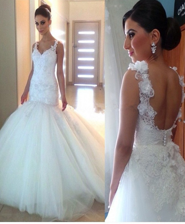 Elegant Appliques Tulle Open Back V-Neck Trumpet Wedding Dresses