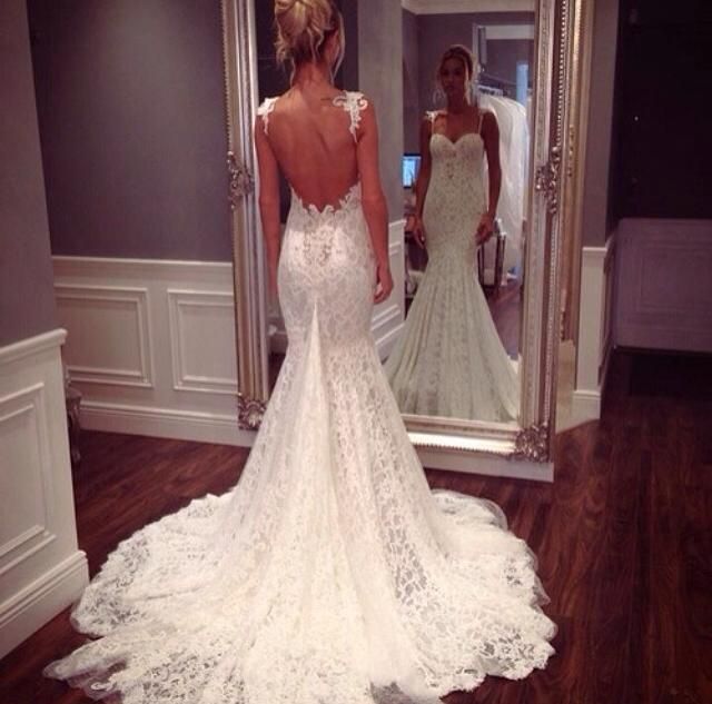 Spaghettis Straps Lace Backless Mermaid Wedding Dresses with Alluring Court Train