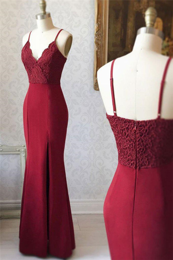 Applique Spaghetti-Strap Prom Dresses Side slit Mermaid Sleeveless Sexy Evening Dresses