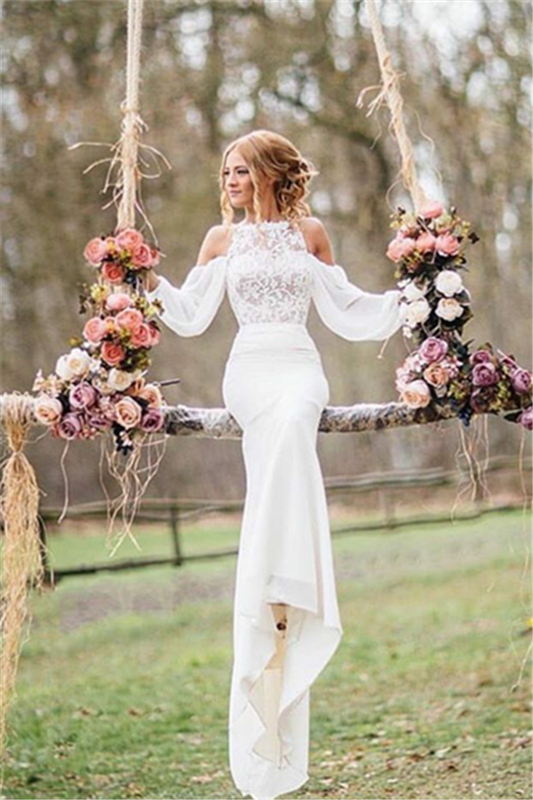 Long Sleeves Lace Elegant Chiffon Mermaid Wedding Dresses | Fit and Flare Bridal Dresses