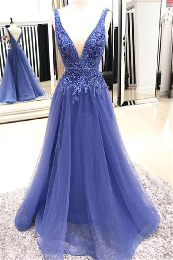 Applique V-neck Beads Sleeveless Prom Dresses Tulle Cheap Sexy Evening Dresses