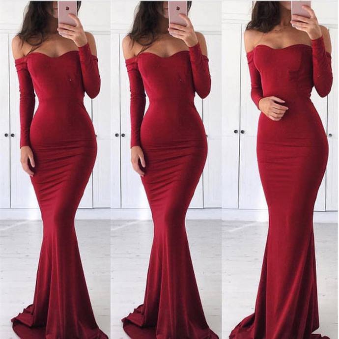 Burgundy Mermaid Evening Dresses Off Shoulder Long Sleeves Prom Dresses