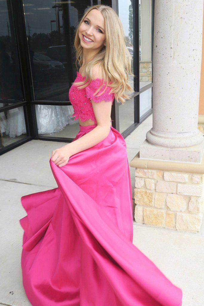 Chic Pink Beads Applique Off-the-Shoulder Prom Dresses Side slit Sleeveless Sexy Evening Dresses