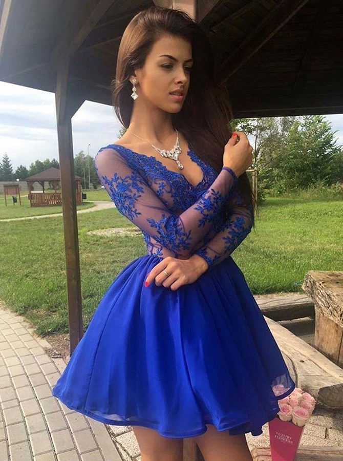 Sexy Royal Blue Homecoming Dresses | Long Sleeves V-Neck Cocktail Dresses