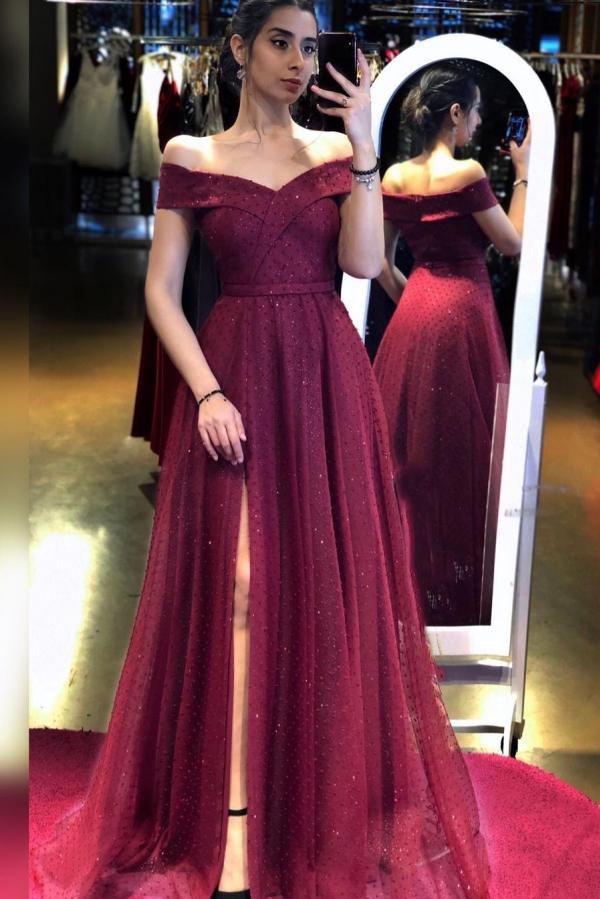 Shiny Sequins Off-the-shoulder Ruffles A-Line Tulle Prom Gown With Side Split
