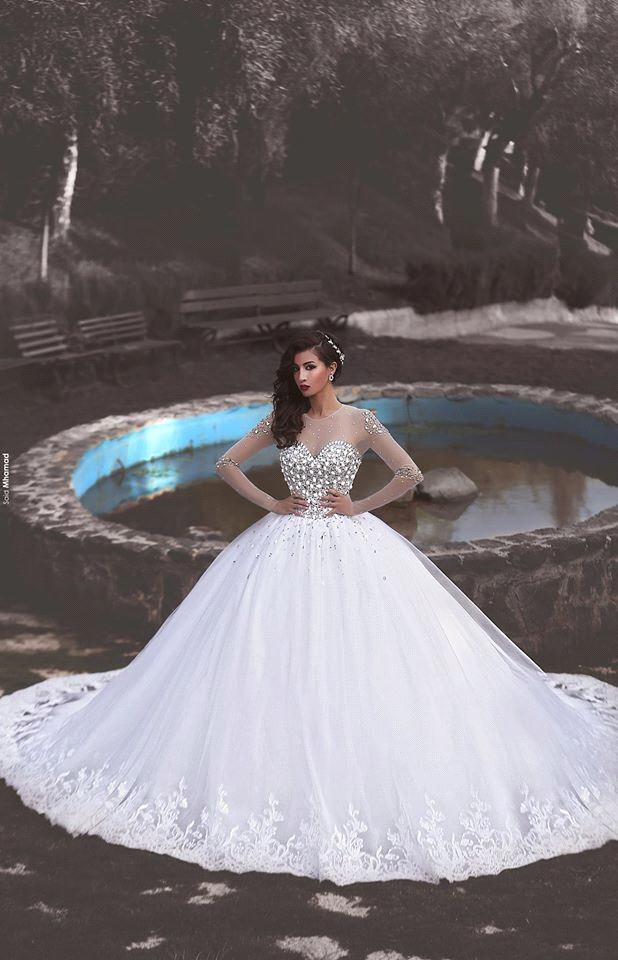Glamorous Long Sleeves Ball Wedding Dresses Tulle Appliques Crytal Bridal Gowns
