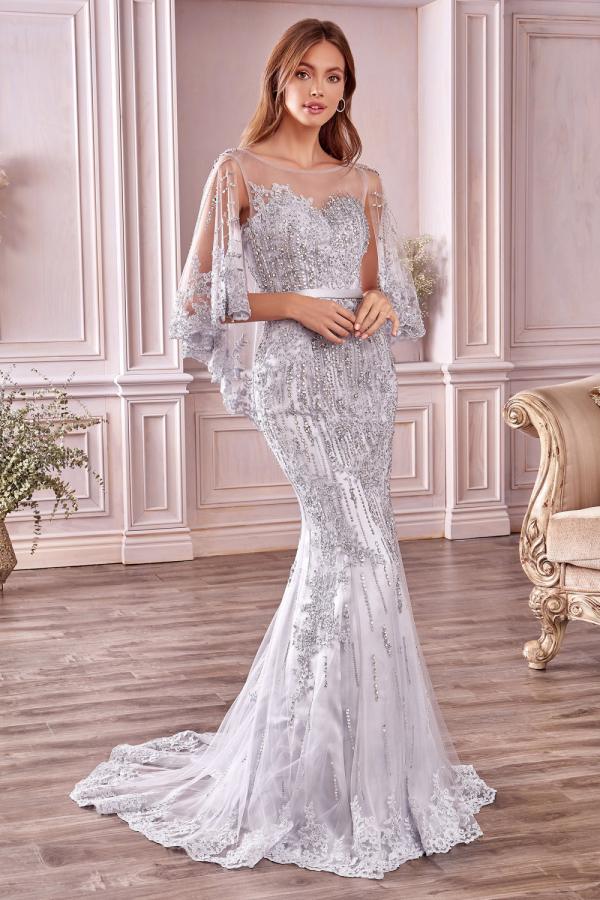 Charming Bateau Sequins Tulle Floor-length Mermaid Prom Gown With Sleeve Cape