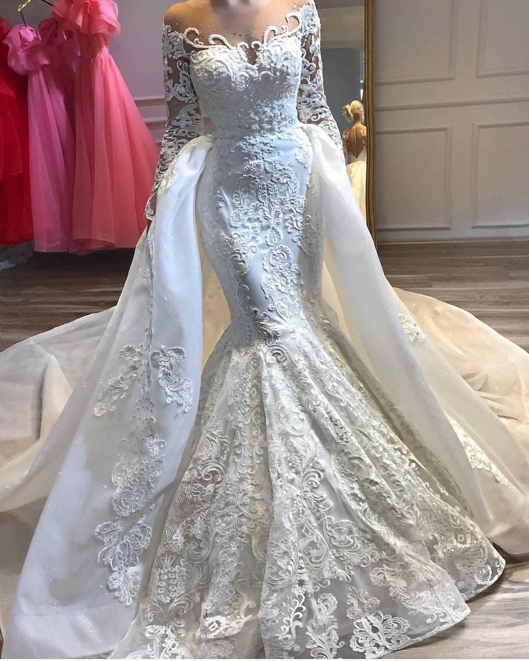 Alluring Long Sleeve Applique Fit And Flare Mermaid Detachable Skirt Overlay Wedding Dress