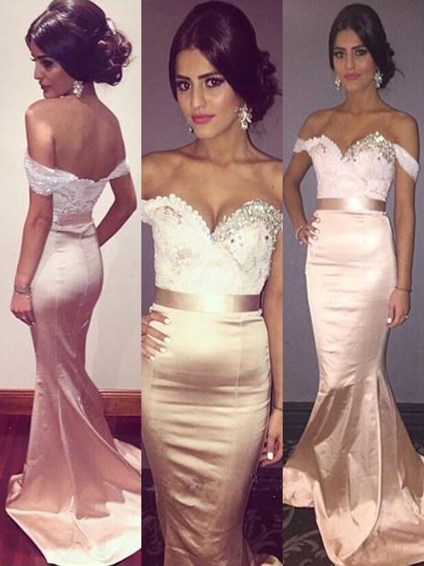 Chic Off-the-Shoulder Crystal Prom Dresses Lace Mermaid Sleeveless Sexy Evening Dresses with Belt
