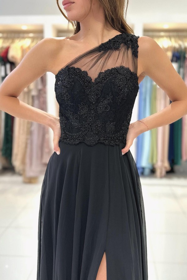 Sexy One-shoulder Black color Lace A-line Evening Dress
