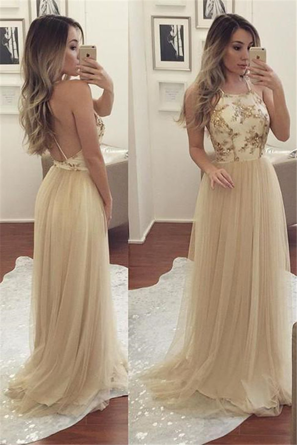 Glamorous Halter Sequins Applique Prom Dresses Backless Sheer Sleeveless Sexy Evening Dresses