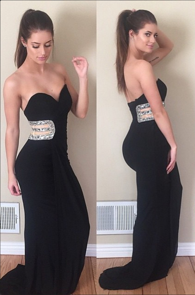 Black Crystals Sleeveless Modest Sweetheart Mermaid Prom Dress