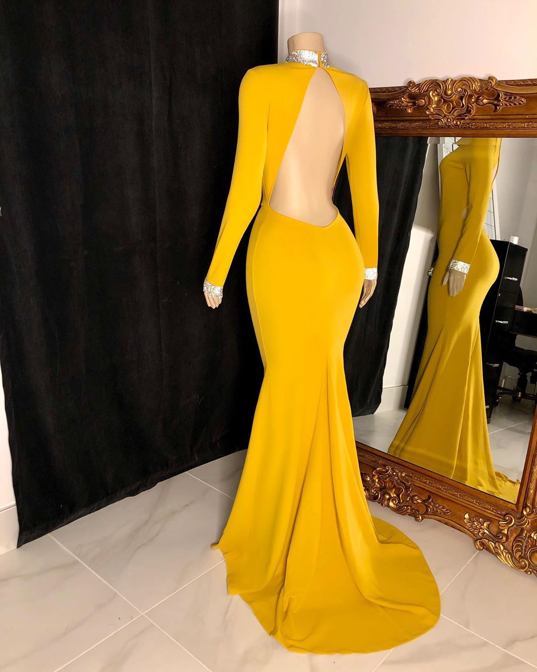 High Neck Long Sleeves Open Back Fitted Prom Dresses in Yellow