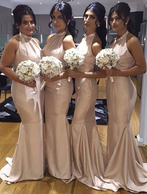 High Neck Satin Mermaid Bridesmaid Dresses Long Halter Neck Maid of Honor Dresses