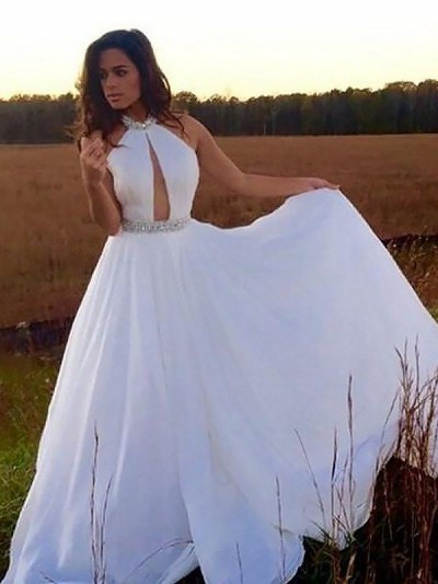 Chic Halter Crystal Prom Dresses Sleeveless keyhole Sexy Evening Dresses Cheap