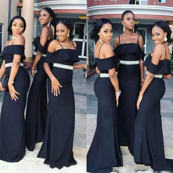 Chic Black Strapless Bridesmaid Dresses | Spaghettis Straps Beading Belt Wedding Party Dress