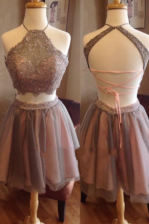 Two Piece Spaghettis Straps Lace Halter Neck Homecoming Dresses