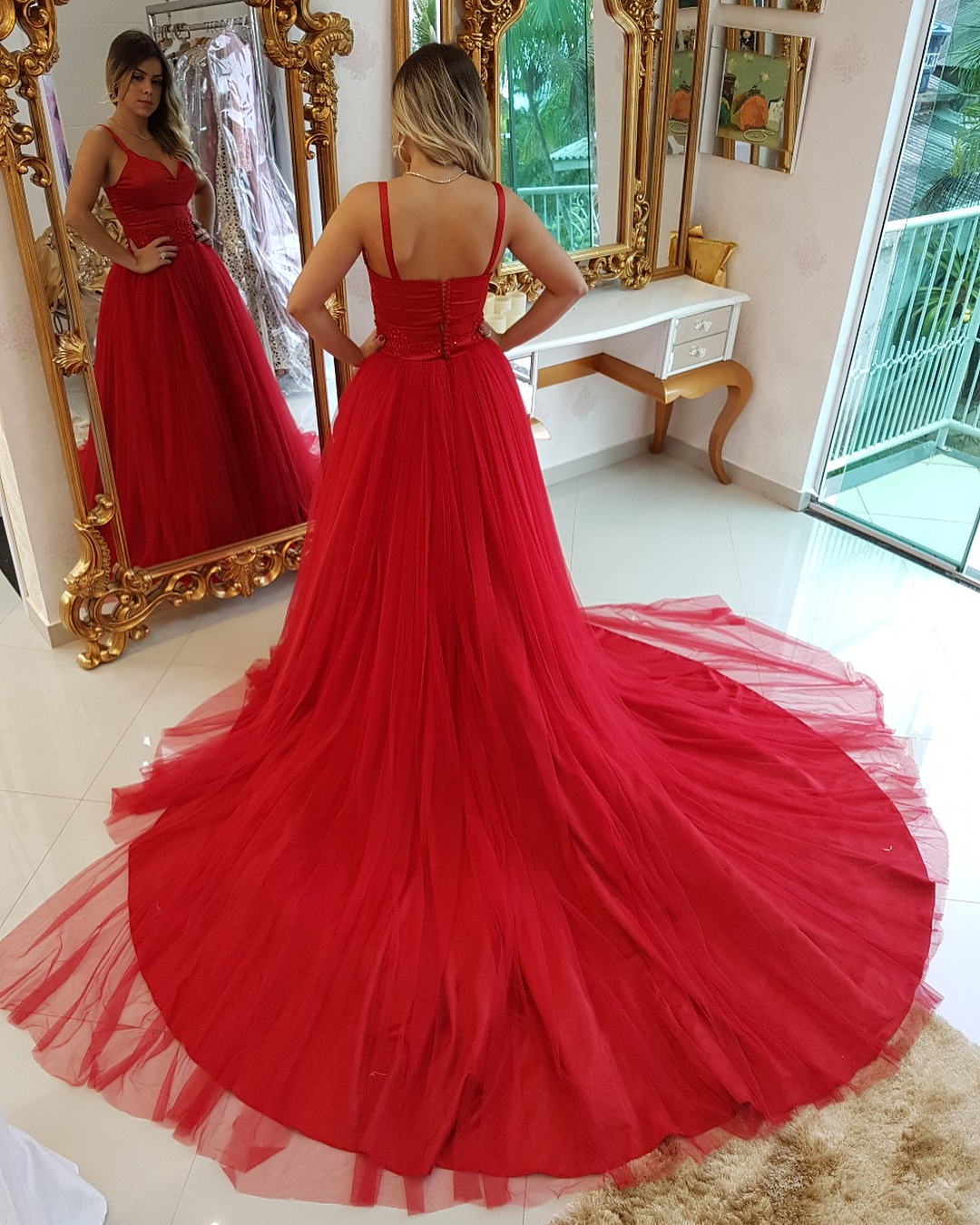 Elegant Red A-Line Prom Dresses | Spaghetti Straps Tulle Long Evening Dresses Sweep Train