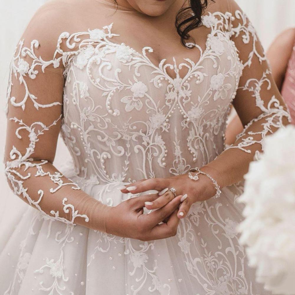 Plus Size Jewel Long Sleeve Applique Ball Gown Wedding Dresses | Pearls Bridal Gown