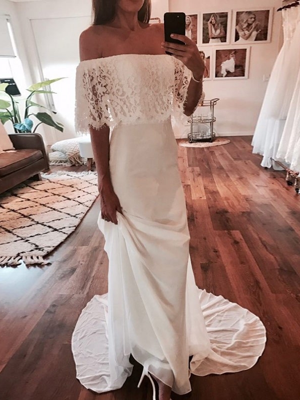 Chic Off-The-Shoulder Beach Wedding Dresses | Simple Lace Chiffon A-Line Bridal Gowns