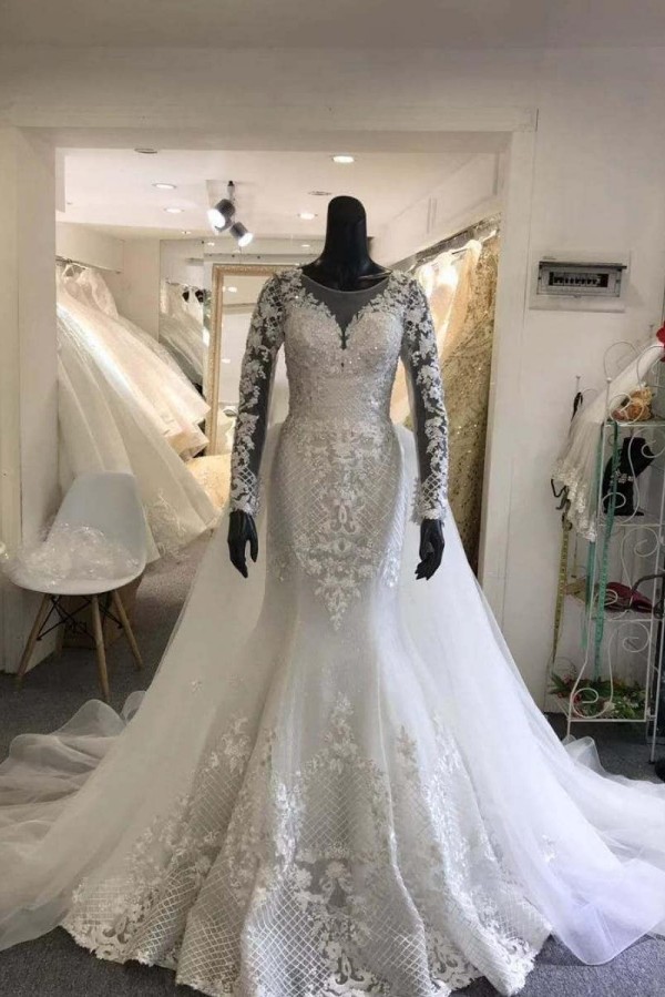 Jewel Lace Sheath Detachable Skirt Wedding Dresses with Long Sleeves