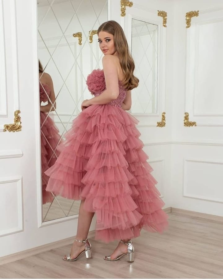 Romantic Strapless Backless High Low A-Line Party Dress With Tulle Layers