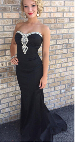 Sexy Black Mermaid Sweetheart Prom Dresses Crystal Sweep Train Evening Dresses