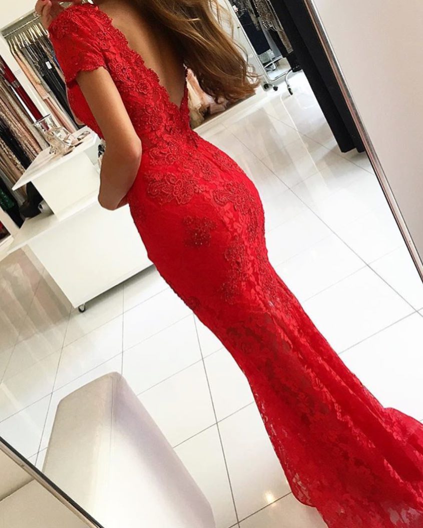 V-neck Short Sleeves Mermaid Backless Prom Dress With Lace Appliques