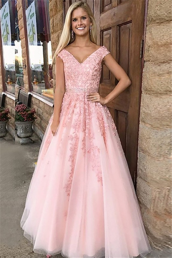 Romactic Pink Off-the-Shoulder Prom Dresses Applique Crystal Sleeveless Sexy Evening Dresses with Belt