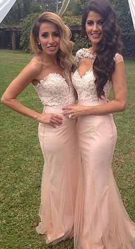 Pink Lace Applique Mermaid Bridesmaid Dresses Long Maid of Honor Dresses