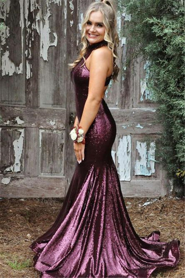 Sequin Halter Ruffles Prom Dresses Side slit Mermaid Sleeveless Sexy Evening Dresses