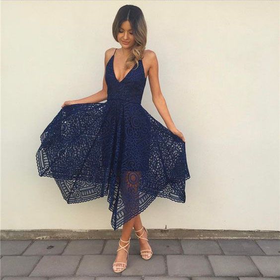 Sleeveless Tea-Length Spaghetti-Strap A-line Lace Bridesmaid Dress