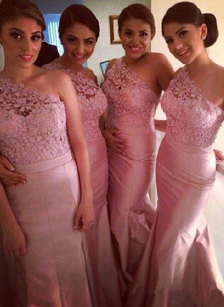 One Shoulder Lace Appliques Flower Sleeveless Sheath Pink Bridesmaid Dresses
