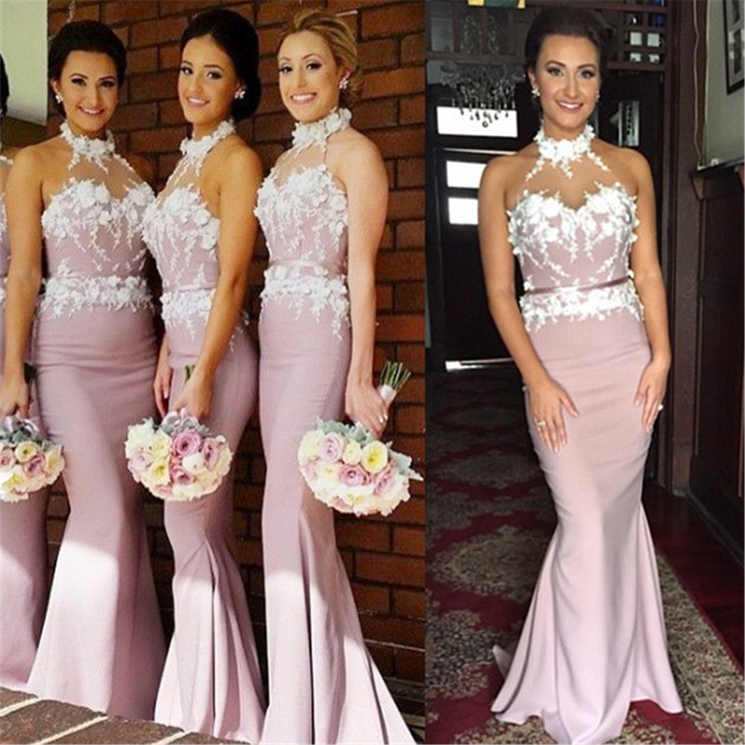 High Neck Mermaid Satin Bridesmaid Dresses with Handmade Flowers Maid of Honor Dresses
