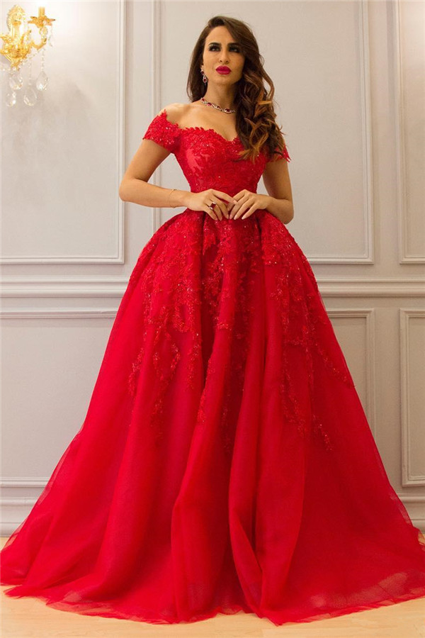 Off the Shoulder Appliques Puffy Red Prom Dresses | Gorgeous Long Evening Dresses