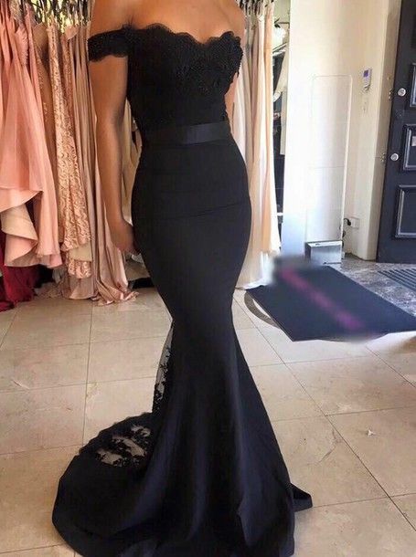 Lace Mermaid Prom Dresses Off-the-Shoulder Dark Navy Elegant Long Bridesmaid Dresses