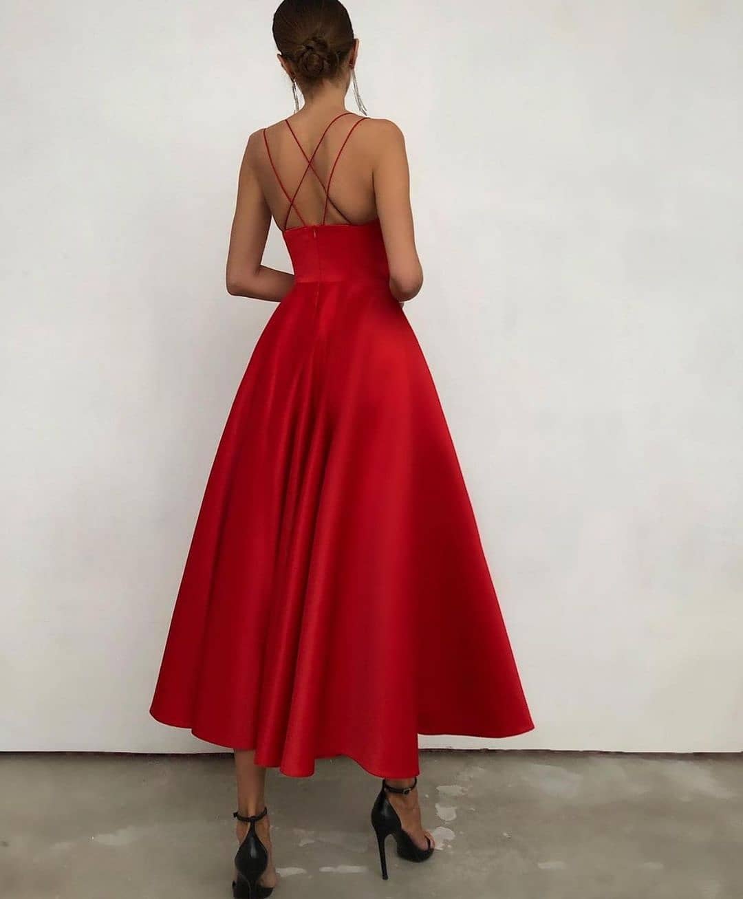 Vintage Spaghetti Straps V-neck A-Line Ankle-length Backless Prom Dress