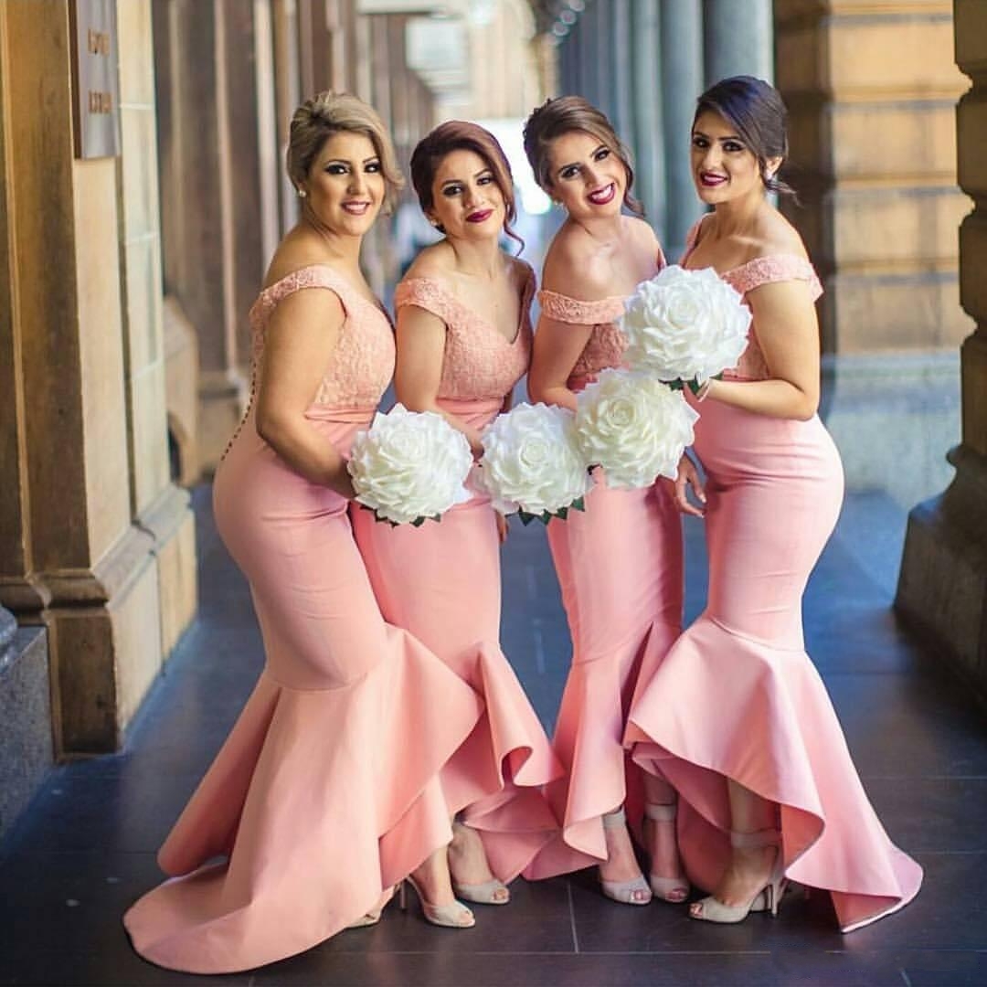 Sexy Mermaid Bridesmaid Dresses Off-the-Shouler Lace Hi-Lo Prom Dresses