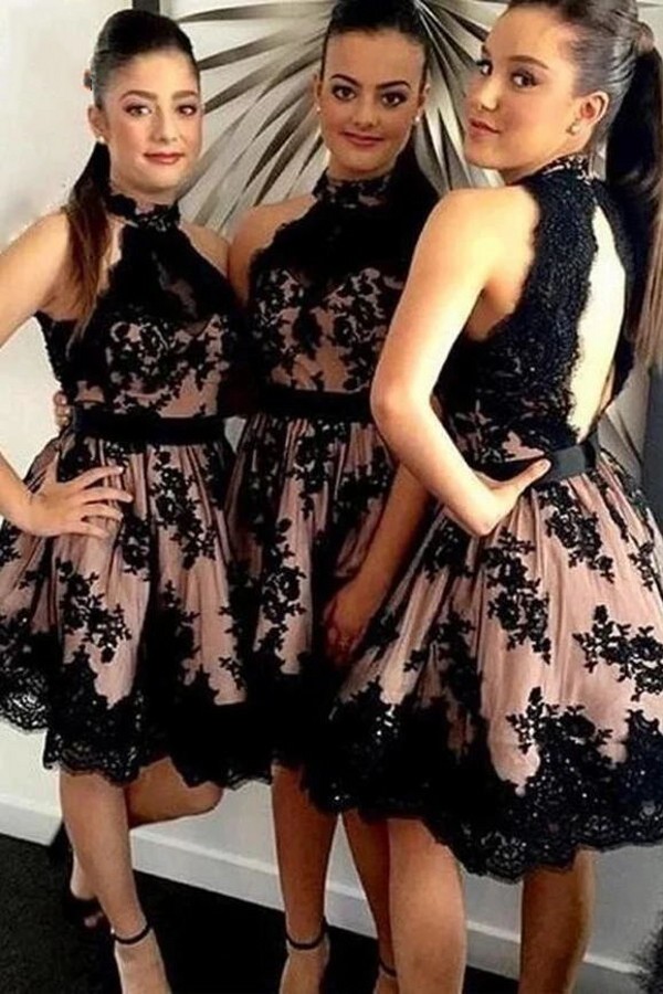 A-Line Sleeveless Applique Halter High-Neck Short Bridesmaid Dresses