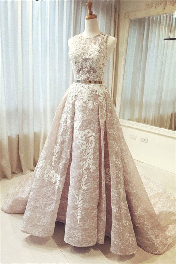 Chic Pink Ribbons Applique Prom Dresses Jewel Sleeveless Sexy Evening Dresses