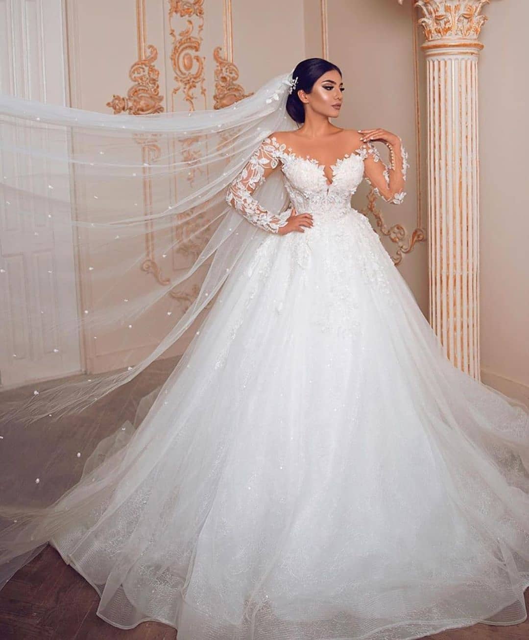 Royal Jewel Long Sleeve Floral Ball Gown Wedding Dresses | Beaded Puffy Wedding Gown