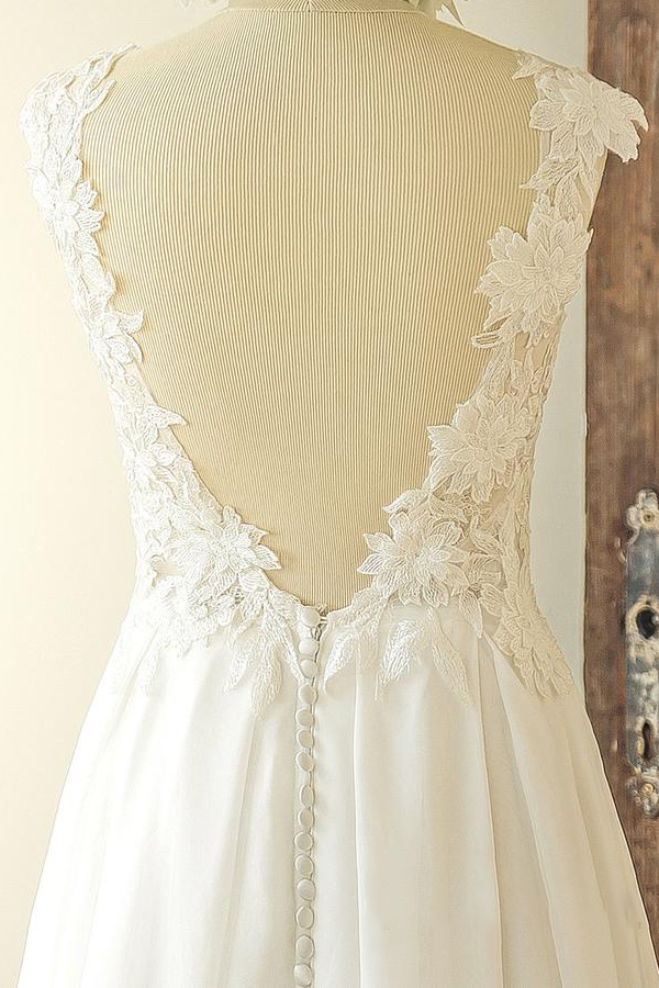 Jewel Sleeveless Lace Appliques Simple A-line Wedding Dresses