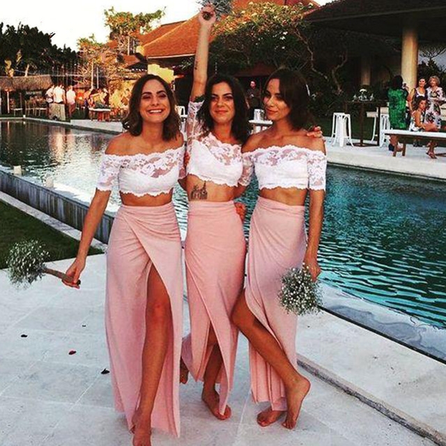 Summer Two-Piece Bridesmaid Dresses | Off-the-Shoulder Slit Wedding Party Dress