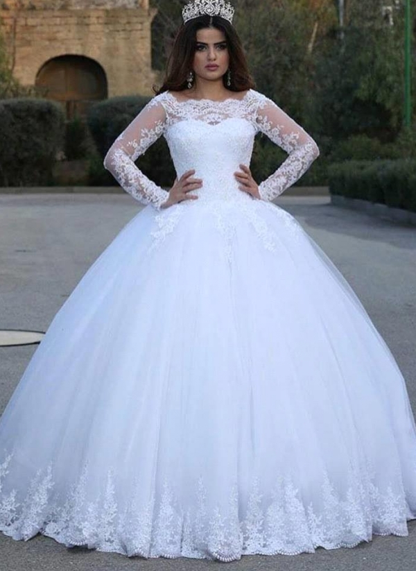 Jewel Lace Ball Gown Wedding Dresses with Long Sleeves