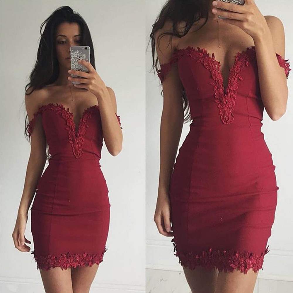 Short Appliques Sheath Sexy Off-the-shoulder Burgundy Homecoming Dress