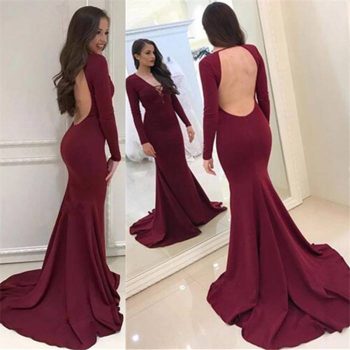 Halter V-neck Long Sleeves Sweep-train Backless Mermaid Evening Dresses