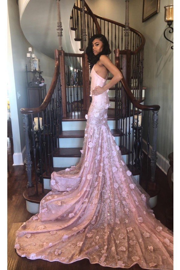 High Neck Sleeveless Mermaid Pink Prom Dresses with Handmade Flower