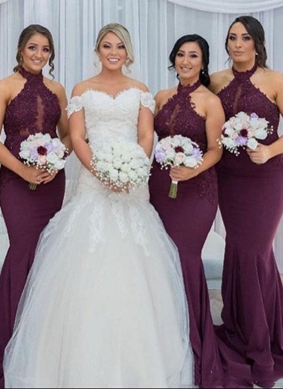 Halter Mermaid Sexy Bridesmaid Dresses | Lace Appliques Long Maid Of The Honor Dresses
