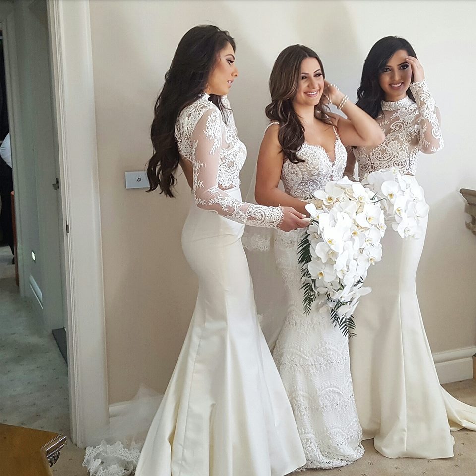 Lace Two-Piece Cheap High-Neck Mermaid Long-Sleeve Bridesmaid Dress