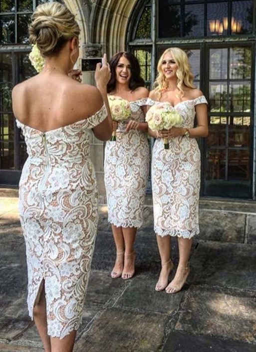 Off-the-Shoulder Bridesmaid Dresses | Lace Sheath Tea Length Maid of the Honor Dresses